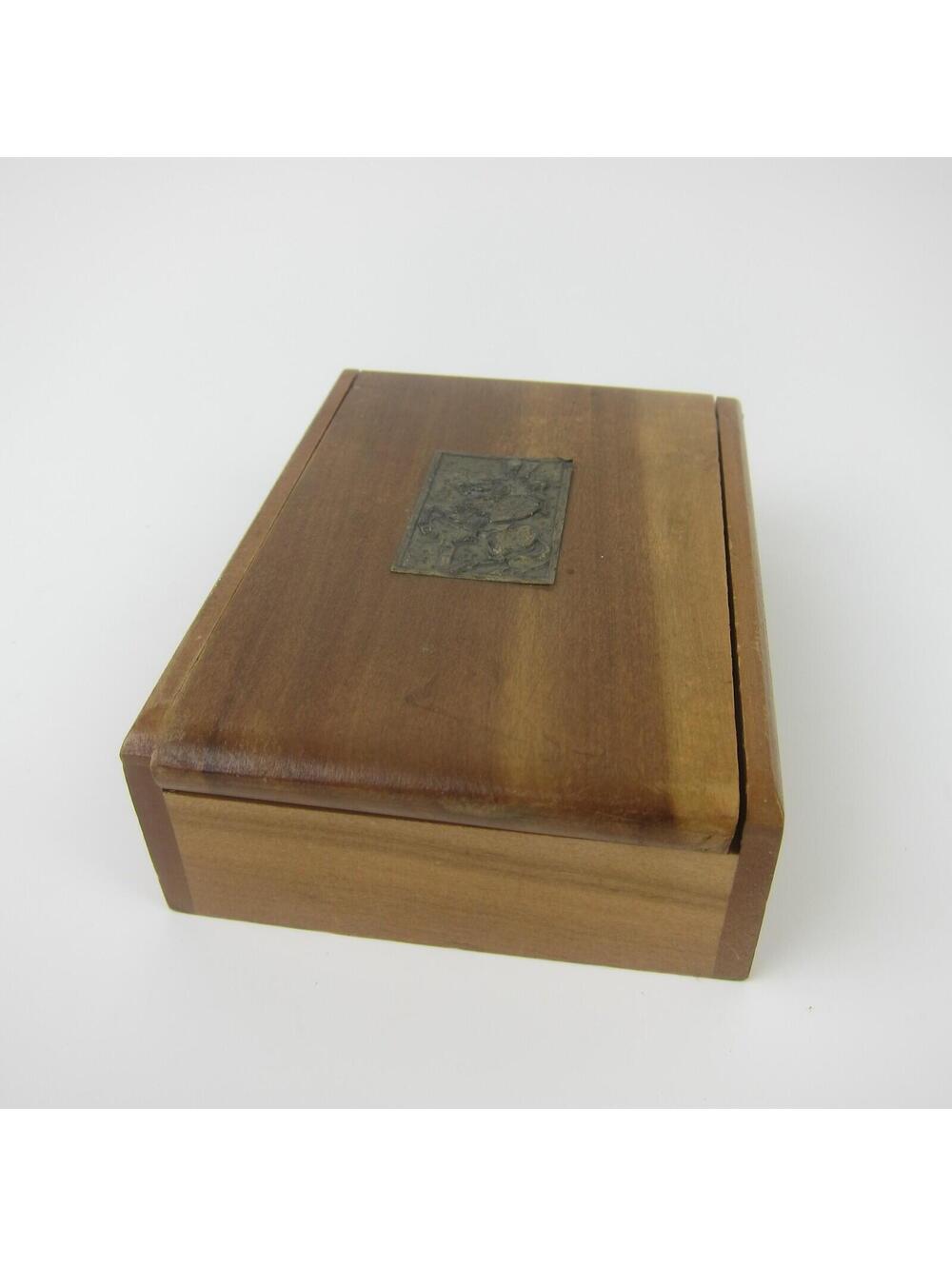 Vintage Wood Trinket Box Men's Valet Tray Catch-All Knight on Horse Emblem 1950s